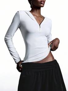 LYSMO Women's Zip-Up Letter Print Fitted Hooded Long Sleeve T-Shirt  Hooded Undershirt Graphic Long Sleeve Shirt For Going Out Outfits, Back To School, Graduation, Streetwear, And Stockholm Style,Fall