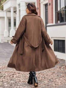 Vionelle Plus Size Women's Woven Lapel Double-Breasted Long Sleeve Cinched Cinched Waist Vintage Elegant Long Trench Coat Winter Fall Autumn Winter Coat Long Coat Women Coats Trench Coat Women Brown Outfits For Women - Coffee Brown - View 2