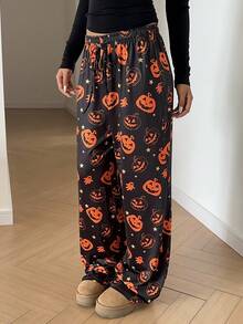 Aloruh 女式复古节日派对万圣节幽灵与蝙蝠印花阔腿裤 - 黑色 - 查看 4