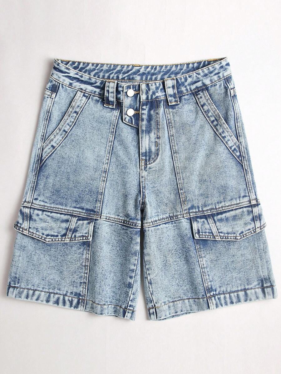 Manfinity Hypemode Pantaloni scurți din denim pentru bărbați, simpli, cu buzunare, croială lejeră, casual, pantaloni scurți cargo din denim pentru bărbați, pantaloni scurți Carpenter, spălare deschisă - Spălare ușoară - Vizualizare 1