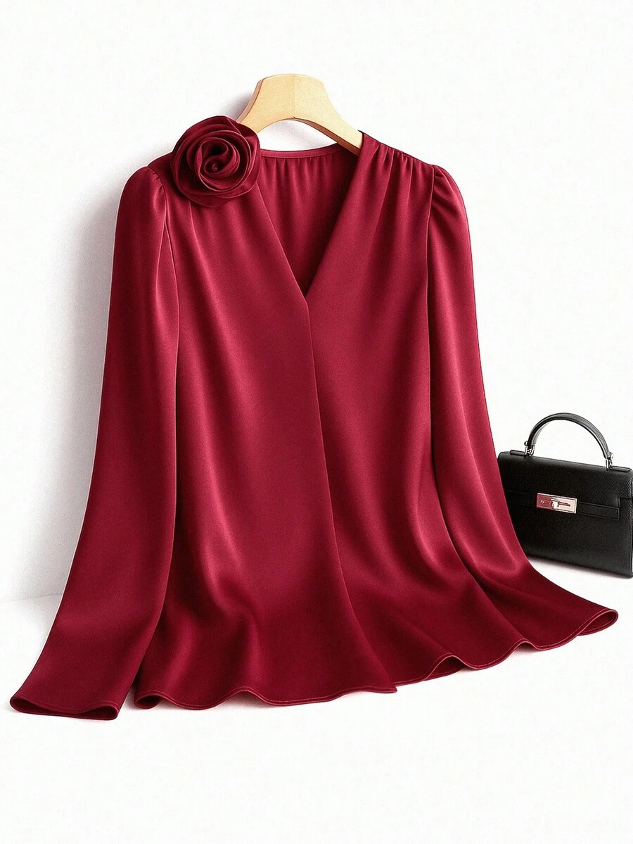 Franclia Elegantes Pendler-Shirt in Unifarbe mit 3D-Blumendekor für Frauen