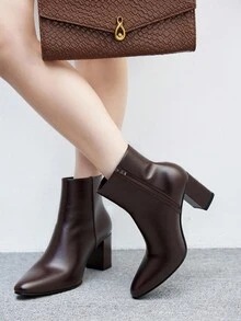 CUCCOO BIZCHIC 女士尖头粗跟短靴，时尚简约通勤踝靴，侧拉链，经典咖啡色，中跟，秋冬 - 咖啡棕 - 查看 5