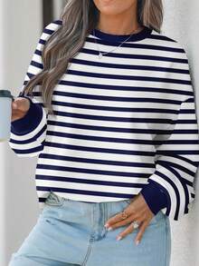 SHEIN EZwear 休闲简约蓝白条纹大码女式卫衣，适合秋冬季 - 彩色 - 查看 3