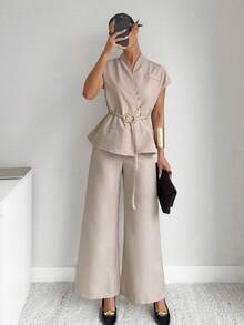 Siren Gaze Autumn Women's Suits, Elegant Commuter Waistcoat Two-Piece Suits, Casual Formal Wear, Old Money Style Wear, Autumn Women's Clothing, Graduation Season, Travel Clothing Summer - Apricot - View 4