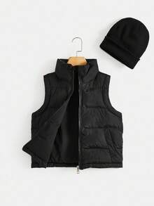 Boys' Casual Vest With Knitted Hood, Padded Coat Fall Winter - Black - View 4
