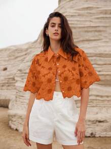 BELROSIE Women's Elegant Hollow Out Embroidered Daisy Random Vacation Shirt  All Over Print For Summer Spring Fall Autumn - Orange - View 5