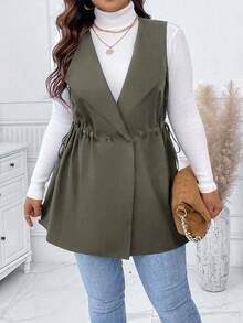 Calvaya Plus Size Solid Color Drawstring Waist Sleeveless Casual Versatile Jacket - Army Green - View 5
