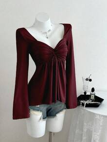 Elamini Women's Casual Twist Front V-Neck Long Sleeve T-Shirt, Versatile New Style, Spring/Autumn