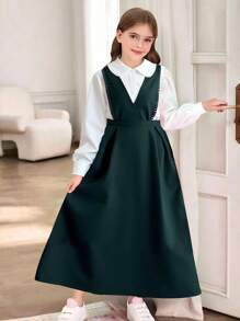 橄榄绿色简约图案长袖衬衫和连衣裙两件套，适合少女 - 墨綠色 - 查看 3