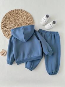 男婴休闲可爱百搭针织蓝色连帽衫和松紧腰裤套装