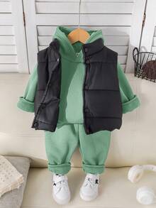 3 Stück/Set Baby Jungen/Mädchen Lässig Schwarze Weste Jacke, Grüner Kapuzenpullover, und Hose 3-teiliges Outfit Set, geeignet für Herbst/Winter