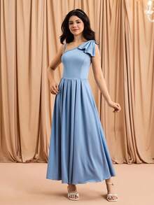Teen Girls Elegant Fashionable Minimalist Asymmetric High Waist Long Solid Color Satin Fabric Bow Design Prom, Christmas Party, Halloween Event Dress - Blue - View 1