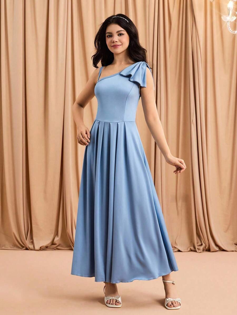 Teen Girls Elegant Fashionable Minimalist Asymmetric High Waist Long Solid Color Satin Fabric Bow Design Prom, Christmas Party, Halloween Event Dress - Blue - View 1