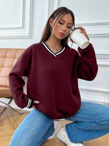 Flirla Women's Autumn Dropped Shoulder Long Sleeve Basic V-Neck Sweatshirt, Collegiate Style Fall Cloth For Women - Red - View 4