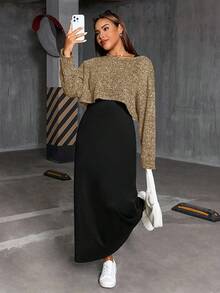 SHEIN Essnce 大码女装春秋季时尚休闲宽松舒适基础款日常灰色长袖露脐上衣和黑色马甲长裙两件套，春季服装，连衣裙套装，曲线套装，女士秋季服装 - 杏色 - 查看 1