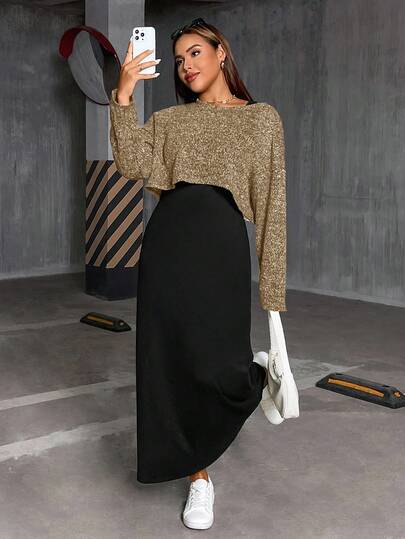 SHEIN Essnce Ensemble deux pièces pour femme grande taille, mode printemps-automne, décontracté, ample et confortable, basique, quotidien, haut court gris à manches longues et gilet noir, robe longue, vêtements de printemps, ensemble de robe, ensemble courbe