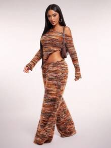 Radiana 大码女式复古美拉德棕色低腰抽绳阔腿裤，舒适休闲家居服毛绒针织阔腿裤，女式纹理针织裤 - 彩色 - 查看 8