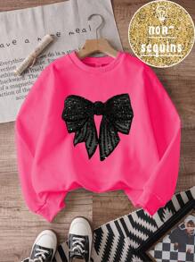 女童休闲舒适时尚简约可爱仿亮片蝴蝶结图案保暖内衬圆领套头卫衣，洋红色，秋冬款 - 玫紅色 - 查看 3