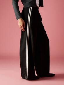 MISSGUIDED Pantalon large avec rayures latérales, taille plissée, tenue de bureau formelle, carrière élégante, porter pour l'hiver, le printemps et l'automne, pour occasions professionnelles - Noir et Blanc - Voir 1