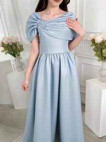 SHEIN 优雅修身缎面连衣裙，适合少女 - 水鴨藍 - 查看 9