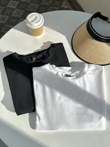 SHEIN EZwear Camiseta de manga larga de cuello redondo de diseño minimalista de unicolor, versátil, talla grande - Blanco y Negro - Ver 7