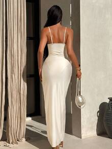 Bonvoyette 2 件女式夏季新款纯色贝壳包可调节肩带连体泳衣，带长裙，性感优雅度假简约连体泳衣 - 杏色 - 查看 2