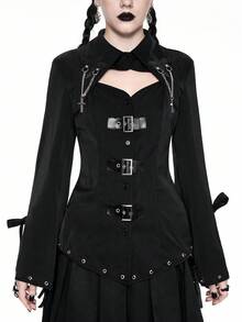 ROMWE Gothic Cross Pendant Slim Fit Women Shirt For Halloween - Black - View 2