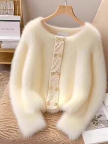 SHEIN Franclia 女士双排扣仿皮草长袖毛衣 - 杏色 - 查看 1