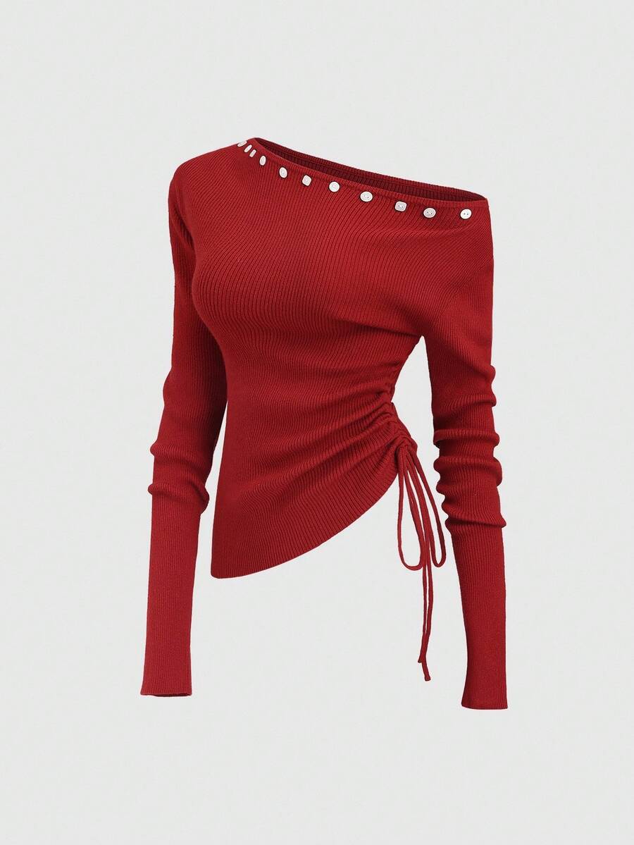 Sweetra Nouveau Top tricoté ajusté avec taille cintrée, épaule asymétrique et décorations de boutons, en rouge ample - Rouge - Voir 1