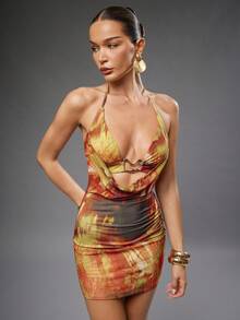 Hauture Damen Partykleid für Nachtausgänge, sexy Cowl-Ausschnitt mit goldenem Ornament-Detail und abstraktem Muster, Minikleid - Verschiedenfarbig - Übersicht 4