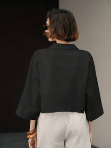 Uhlyne Women's Elegant Minimalist Solid Color Front Button Shirt, Suitable For Daily Commute - Black - View 2