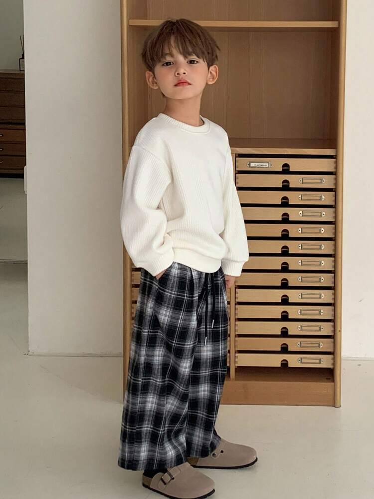 Young Boys Casual Loose Straight Leg Plaid Pants, Japanese Style For Autumn