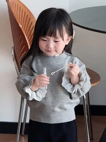 DAZY 女婴二合一韩式蕾丝拼接长袖毛衣幼儿女童服装 - 灰色 - 查看 6