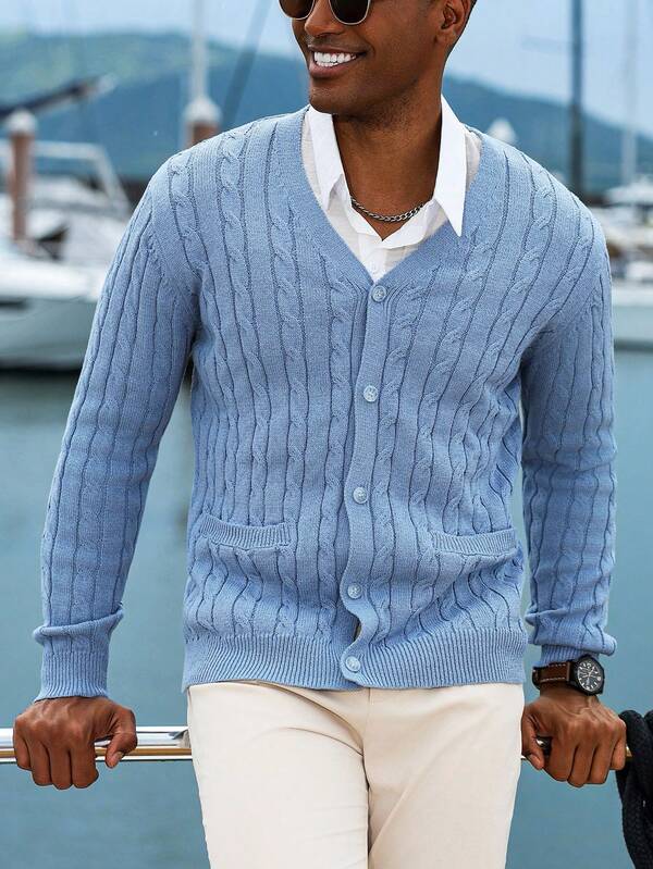 Manfinity Homme Men's Casual Solid Color Cardigan With Dual Pockets, Fall/Winter