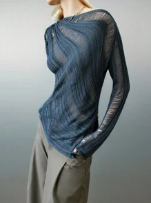 Airlisse 女士纯色不对称领长袖镂空性感毛衣，春秋季长袖上衣，针织套头衫，秋冬季 - 灰色 - 查看 7