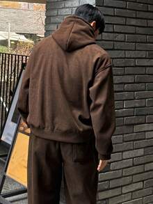 DAZY Men's Solid Brown Loose Fit Corduroy Fabric Hoodie & Pants Set, Autumn, Cozy Outfits - Brown - View 2