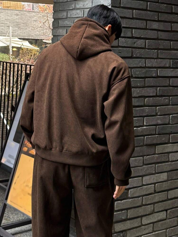 Men's Solid Brown Loose Fit Corduroy Fabric Hoodie & Pants Set, Autumn, Cozy Outfits