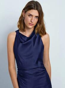 Maija 女士优雅无袖长款荷叶边领褶皱连衣裙，商务休闲，秋季 - 藍色 - 查看 5