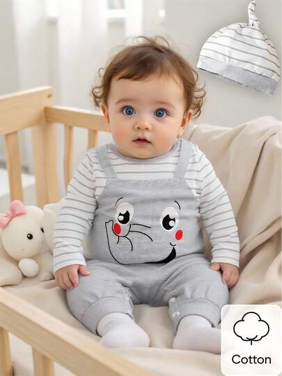 SHEIN 新生男宝宝房间条纹拼接灰色印花大象可爱卡通图案长袖连体衣带帽面料舒适款式可爱休闲