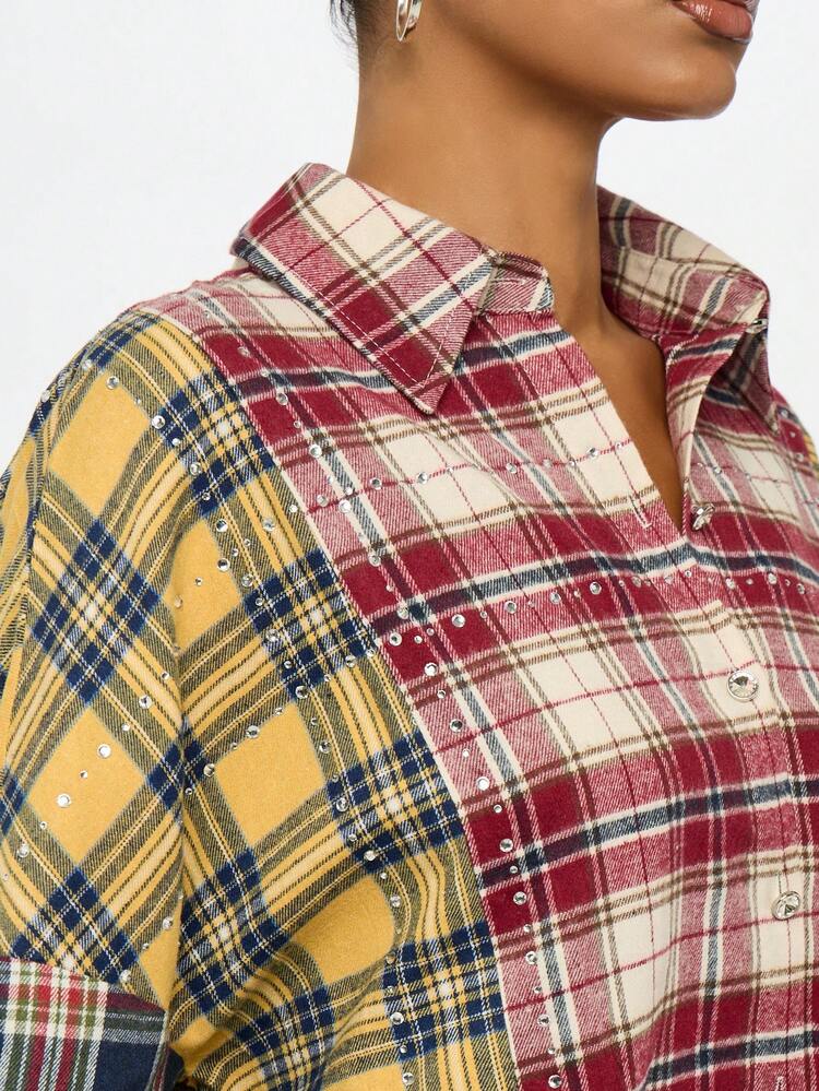 SUMWON WOMEN Patchwork Plaid Cropped Shirt With Crystal Details