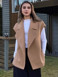 DAZY Damen lässiger einfarbiger locker sitzender ärmellose Wollmantel, Jacke/Weste für Herbst/Winter - Khaki - Übersicht 4