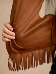Tween Girl Waterfall Collar Fringe Trim Open Front Coat - Brown - View 6