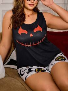 Miss Vinta Plus Size Women Halloween Pumpkin Print Cami Top And Shorts Pajama Set, For Halloween Party - متعدد الألوان - مشاهدة 6