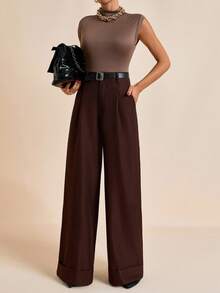 EURMUSE Pantalón de pierna ancha con pliegues, ajuste a medida, moda de verano, ropa de oficina, bolsillos laterales, estilo casual elegante, pliegues delanteros, aspecto nítido, atuendo profesional, diseño elegante, material estructurado, corte clásico, estilo minimalista, moda urbana, aspecto sofisticado, casual de negocios, esencial de temporada, estética moderna - Marrón - Ver 3
