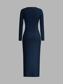 SHEIN EZwear Váy nữ cỡ lớn mùa đông, váy dài tay cho nữ, váy dự tiệc, váy bó sát cổ tròn thường ngày, váy bó sát màu đen dài, váy midi màu đen, váy đen cong, váy dài tay màu đen - Màu xanh hải quân - Xem 2