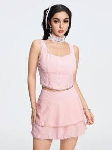 ROMWE Kawaii ملابس علوية بدون أكمام وتنورة بأزرار