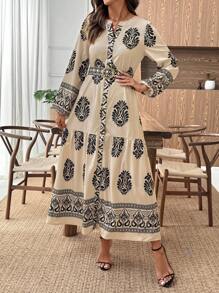 EMERY ROSE Đầm Maxi Tay Dài Cổ Chữ V Dáng Ôm, Thanh Lịch, Rộng Rãi, Họa Tiết Hoa Cho Nữ - Màu Khaki - Xem 5