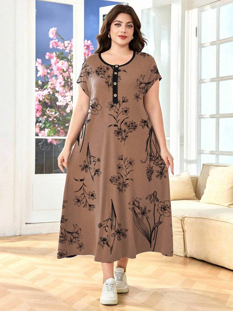 Lacomfia Plus Size Women Floral Print Button Design Casual Loose Short Sleeve Dress - Red - View 1