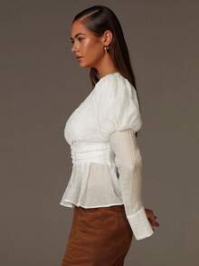 Athîral Women's Solid Color Deep V-Neck Puff Sleeve Button Design Ruffle Hem Elegant Fashion Blouse - White - View 5