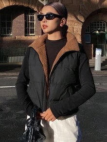 DAZY 复古宽松高领抓绒背心，女士加厚拉链棉质外套，适合秋冬季节穿着 - 黑色 - 查看 4